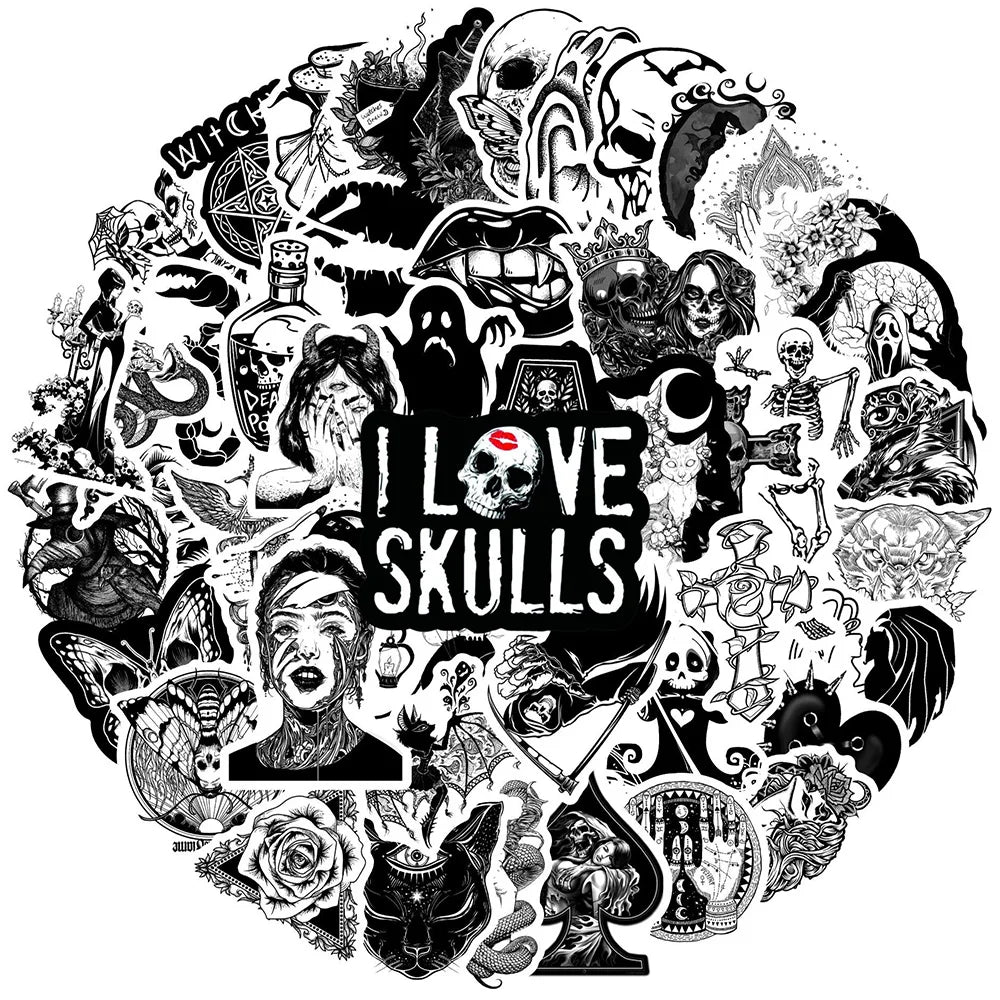 Gothic Skeleton Graffiti Stickers: 10/30/50/100PCS Waterproof for Laptop, Luggage, Bike, Phone, Car (Online Order Only)