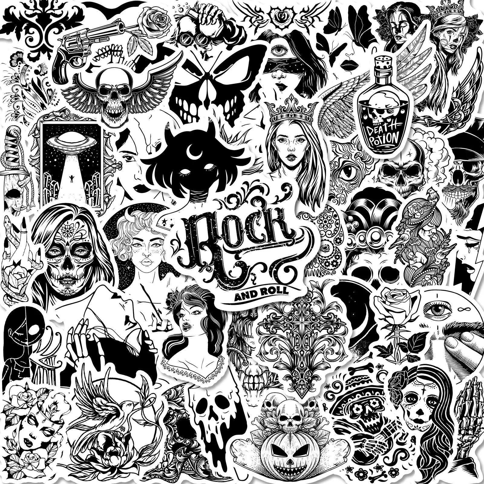 Gothic Horror Skeleton Stickers Set - Black White Decals for Luggage & DIY (ONLINE ORDER ONLY)