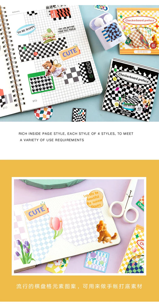 40Pcs Retro Grid Animals Decorative Stickers Scrapbooking Stick Label Diary Album Stickers Kawaii Stationery Cell Phone Stickers (ONLINE ORDER ONLY)