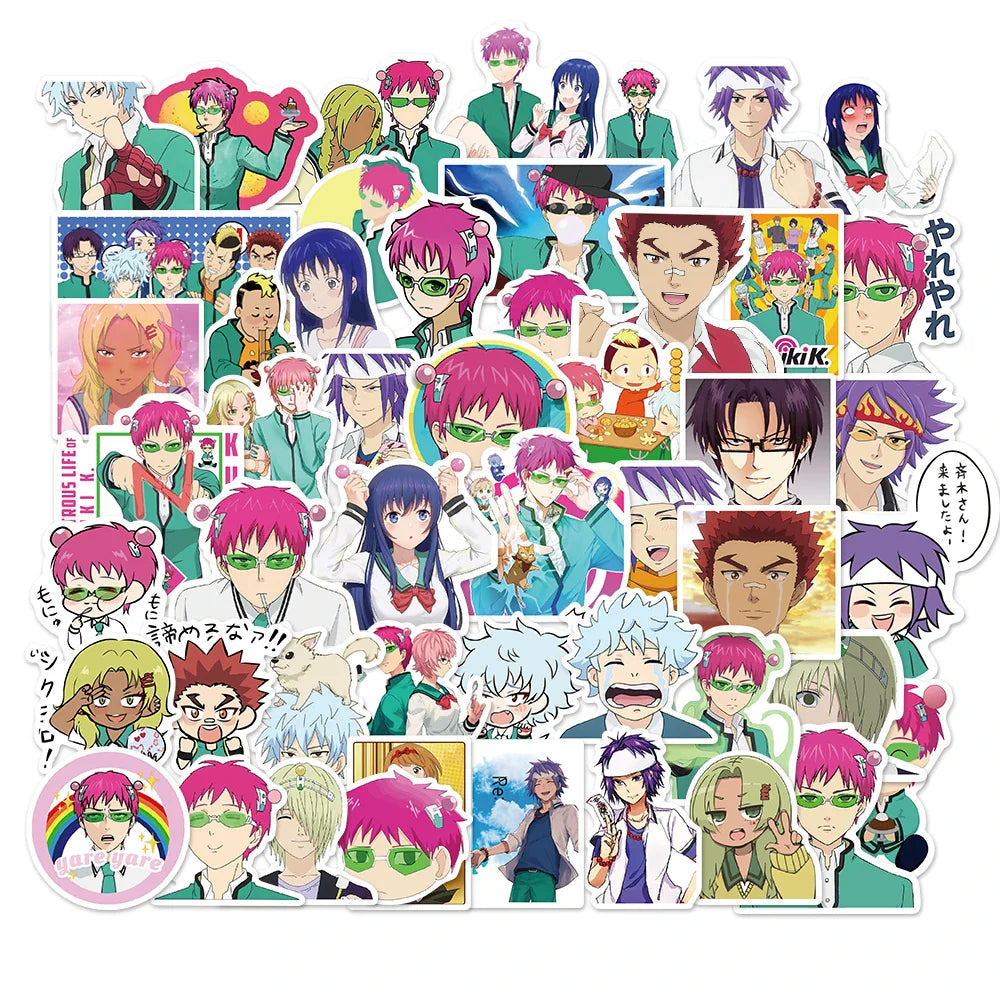 50Pcs Anime The Disastrous Life of Saiki K 2 Stickers Decals Saiki Kusuo Sticker For Laptop Skateboard Motorcycle Kids Toys (Online Order Only)