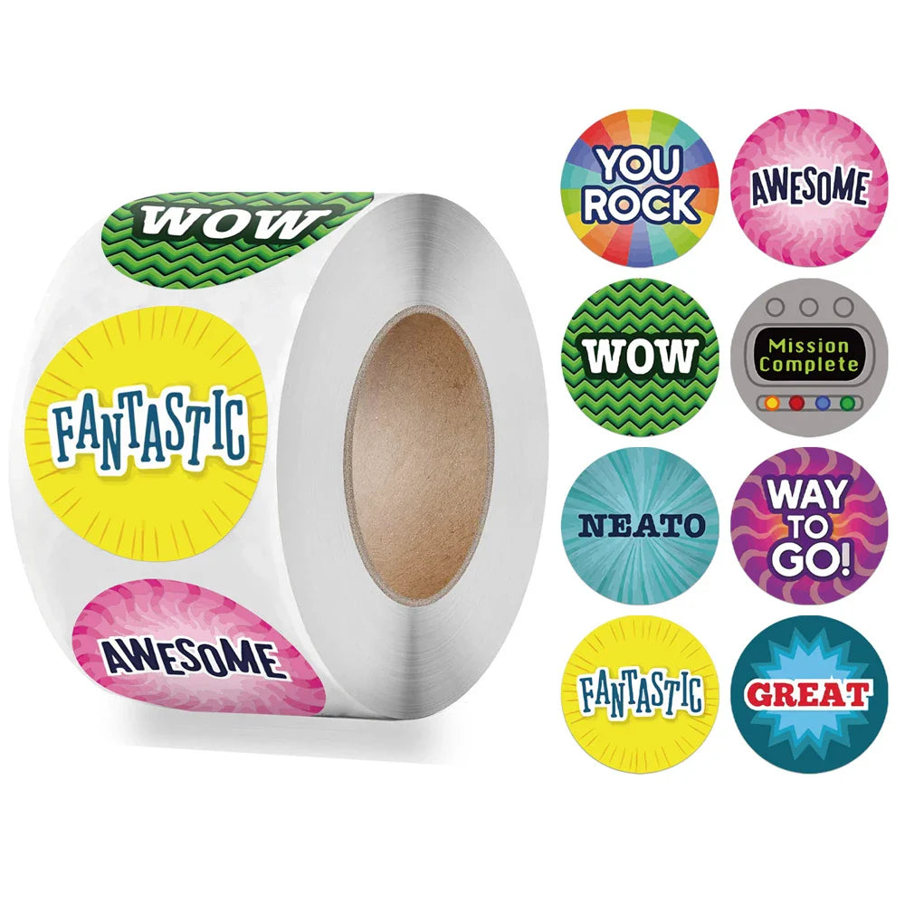 8 Designs Cute Stickers English Reward Sticker 100-500pcs/roll 1 inch for Encourage Children Girls Boys School Teacher Supplies (ONLINE ORDER ONLY)