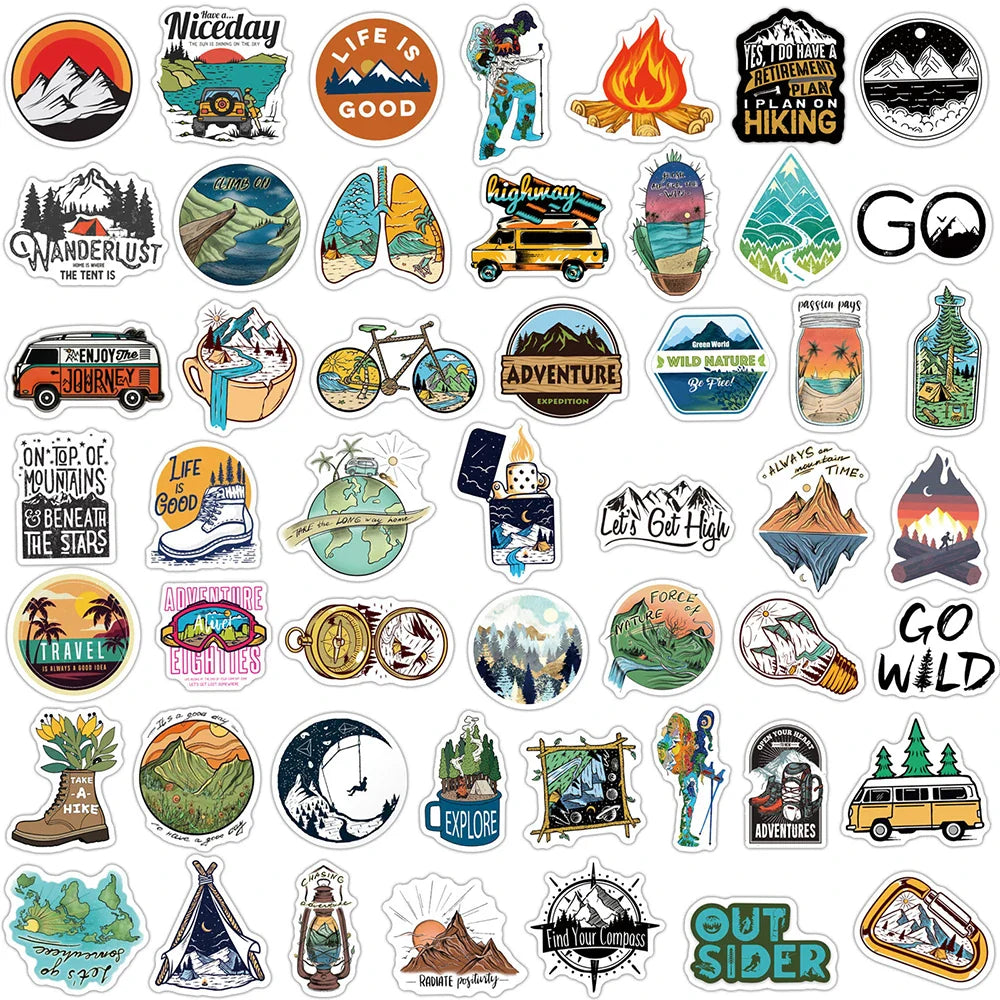 10/50/100PCS Camping Landscape Stickers Outdoor Adventure Climbing Travel Waterproof Sticker to DIY Suitcase Laptop Bicycle Toys (ONLINE ORDER ONLY)