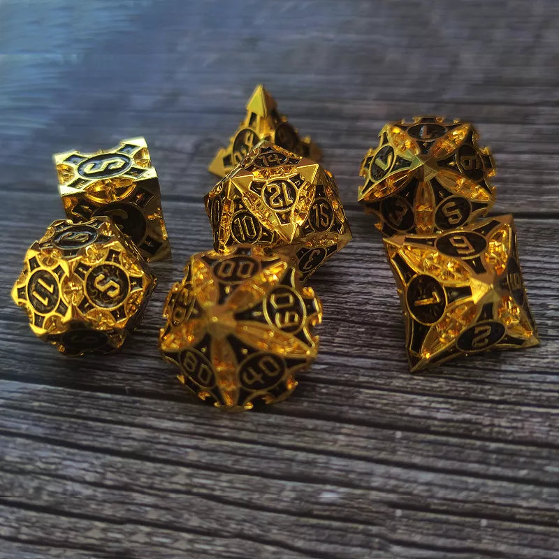 Gold w/black Barbed Strengthened Metal 7-Dice Set | Metal DND Dice (Online Only)