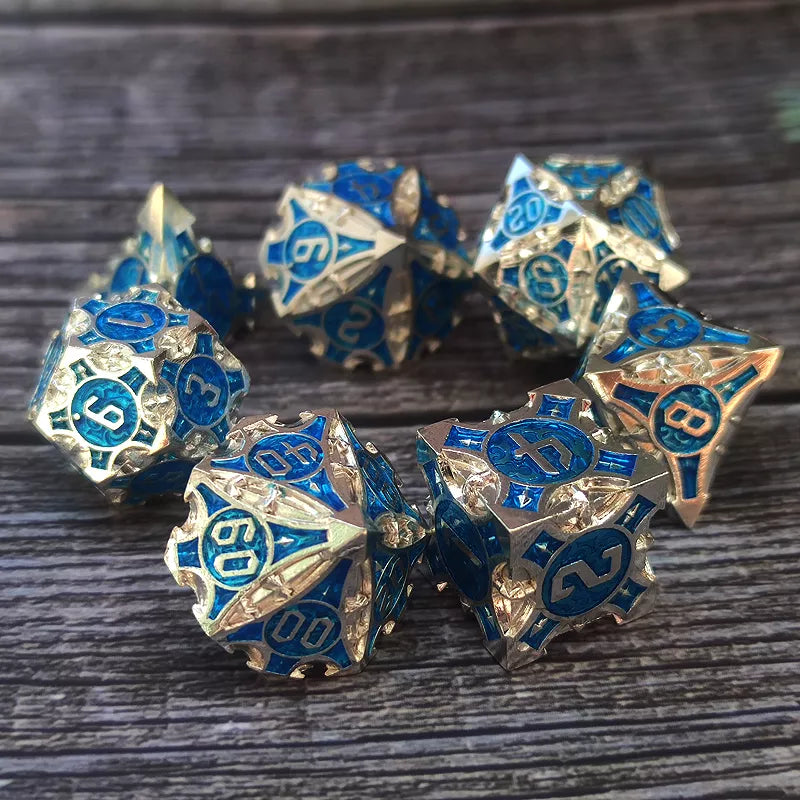 Dark Silver w/blue Barbed Strengthened Metal 7-Dice Set | Metal DND Dice (Online Only)