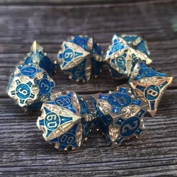 Dark Silver w/blue Barbed Strengthened Metal 7-Dice Set | Metal DND Dice (Online Only)