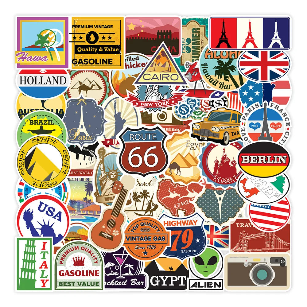 10/50/100pcs Retro Travel City Landscape Graffiti Stickers DIY Motorcycle Skateboard Notebook Suitcase Waterproof Sticker Decals (ONLINE ORDER ONLY)