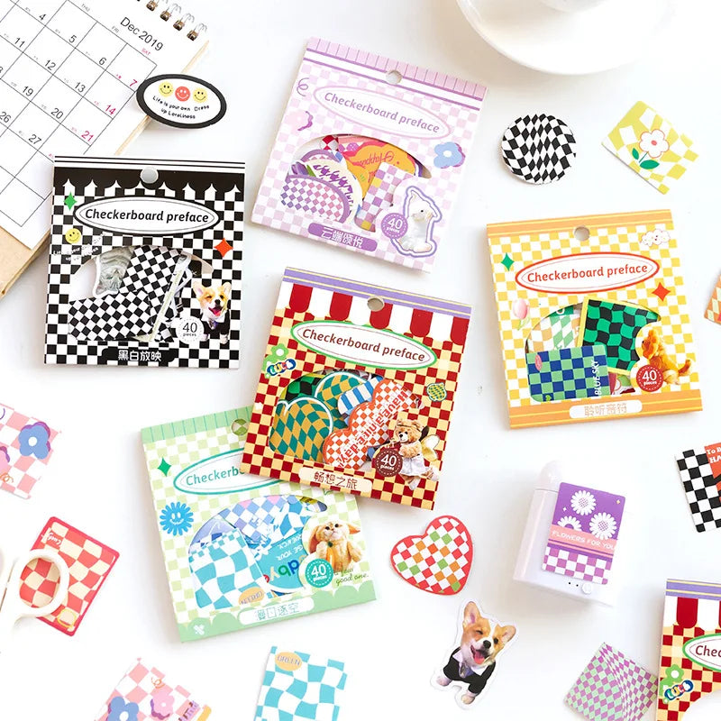40Pcs Retro Grid Animals Decorative Stickers Scrapbooking Stick Label Diary Album Stickers Kawaii Stationery Cell Phone Stickers (ONLINE ORDER ONLY)