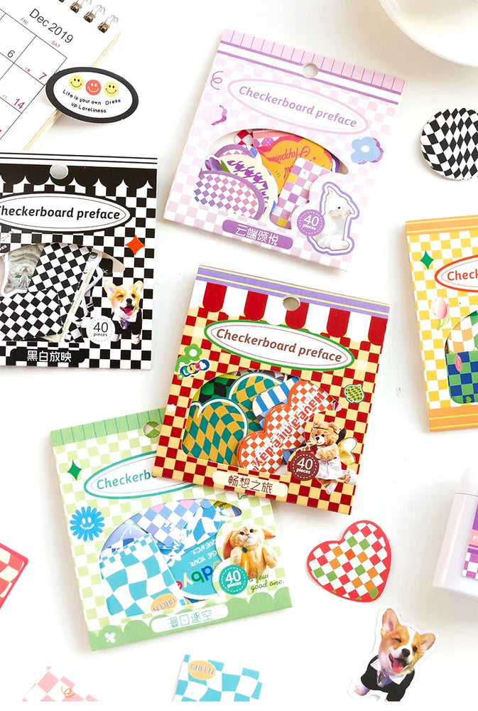 40Pcs Retro Grid Animals Decorative Stickers Scrapbooking Stick Label Diary Album Stickers Kawaii Stationery Cell Phone Stickers (ONLINE ORDER ONLY)