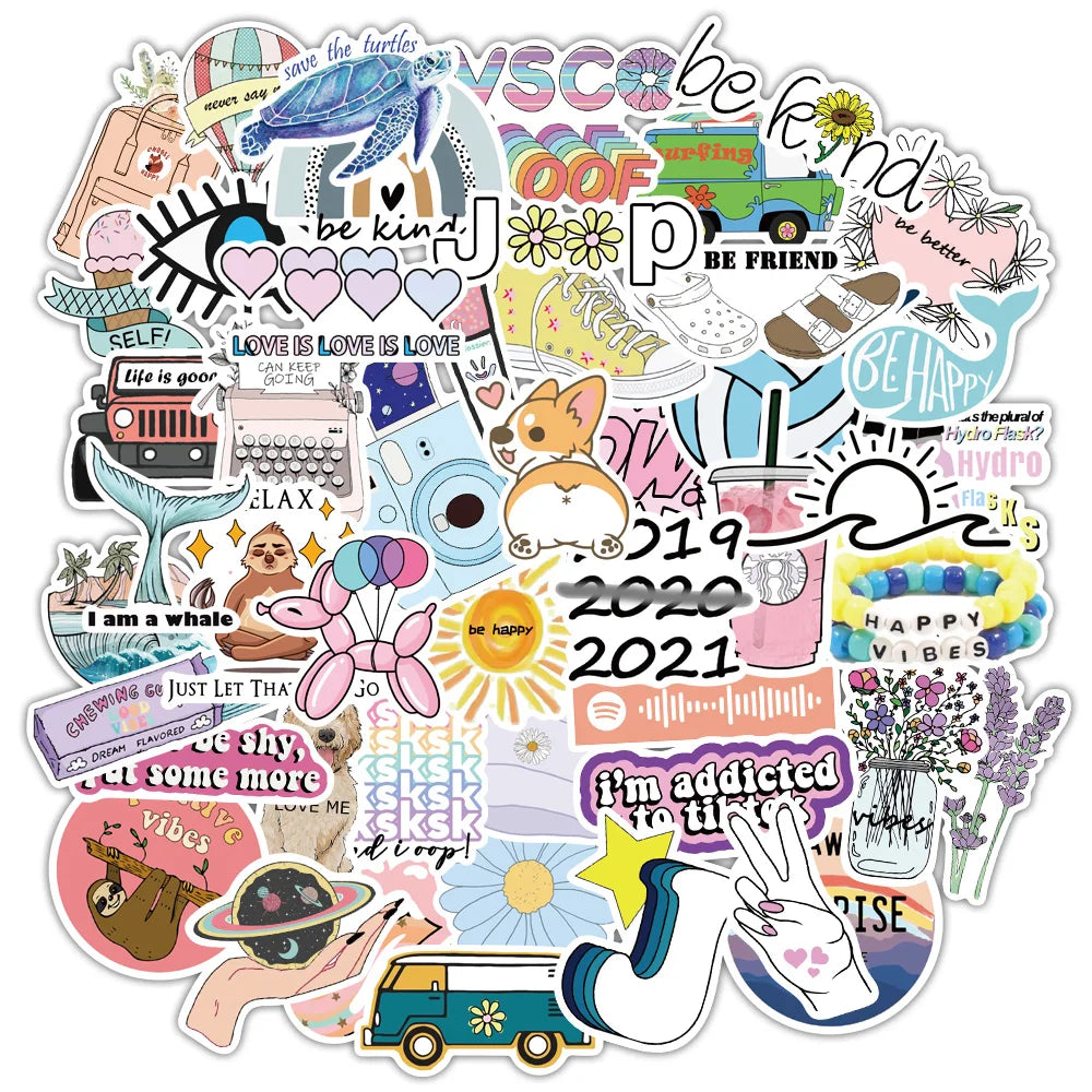 50/100 PCS Cartoon Simple VSCO Girls Kawaii Stickers For Chidren Toy Waterproof Sticker to DIY Laptop Bicycle Helmet Car Decals (Online Order Only)