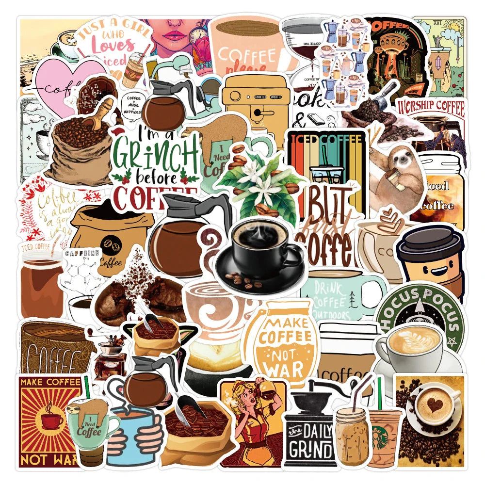 Cute Coffee Cartoon Stickers Pack - Waterproof Laptop Guitar Luggage Phone Decals (Online Order Only)