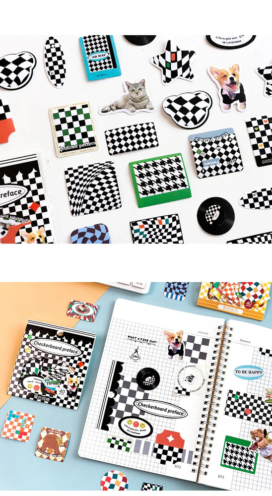 40Pcs Retro Grid Animals Decorative Stickers Scrapbooking Stick Label Diary Album Stickers Kawaii Stationery Cell Phone Stickers (ONLINE ORDER ONLY)