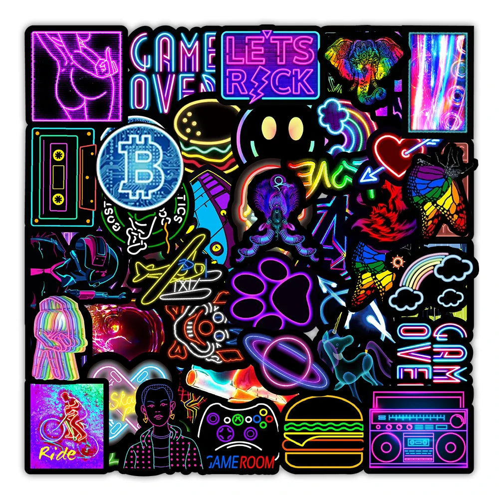 10/30/50/100PCS Cartoon Neon Light Graffiti Stickers Aesthetic Car Skateboard Laptop Phone Bike Cool Toy Decal Sticker for Kids (Online Order Only)