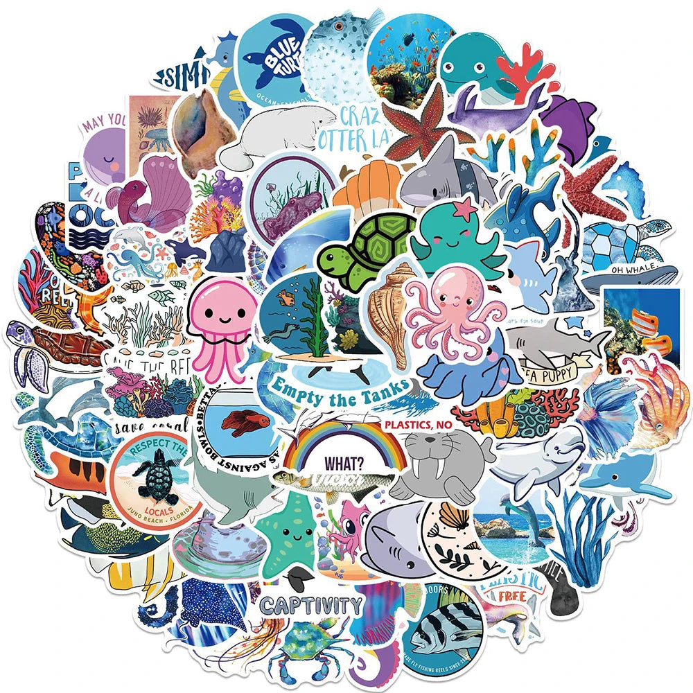 Cute Ocean Animal Anime Stickers Waterproof 10/30/50/100PCS Laptop Snowboard Fridge Guitar Phone (ONLINE ORDER ONLY)