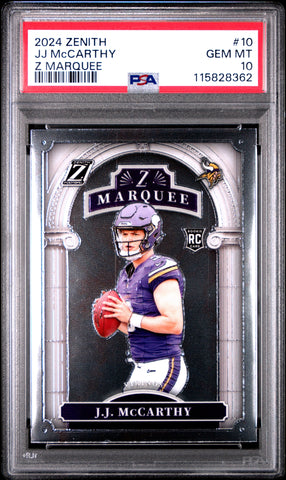 Graded 2024 Panini Zenith JJ McCarthy #10 Z Marquee Rookie RC Football Card PSA 10 Gem Mint (ONLINE ORDER ONLY)