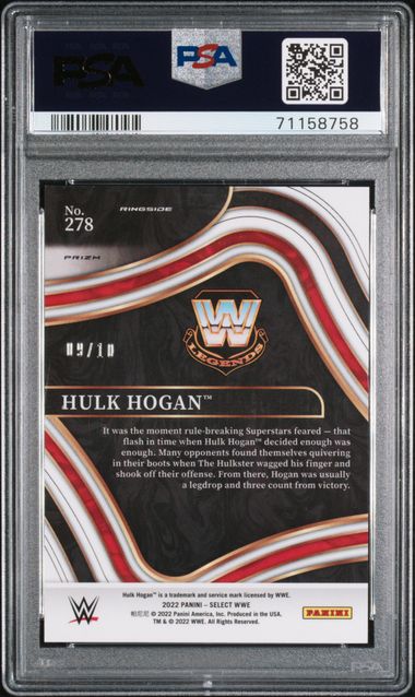 Graded 2022 Panini Select WWE Hulk Hogan #278 /10 Gold Flash Prizm Wrestling Card PSA 9 Mint (ONLINE ORDER ONLY)