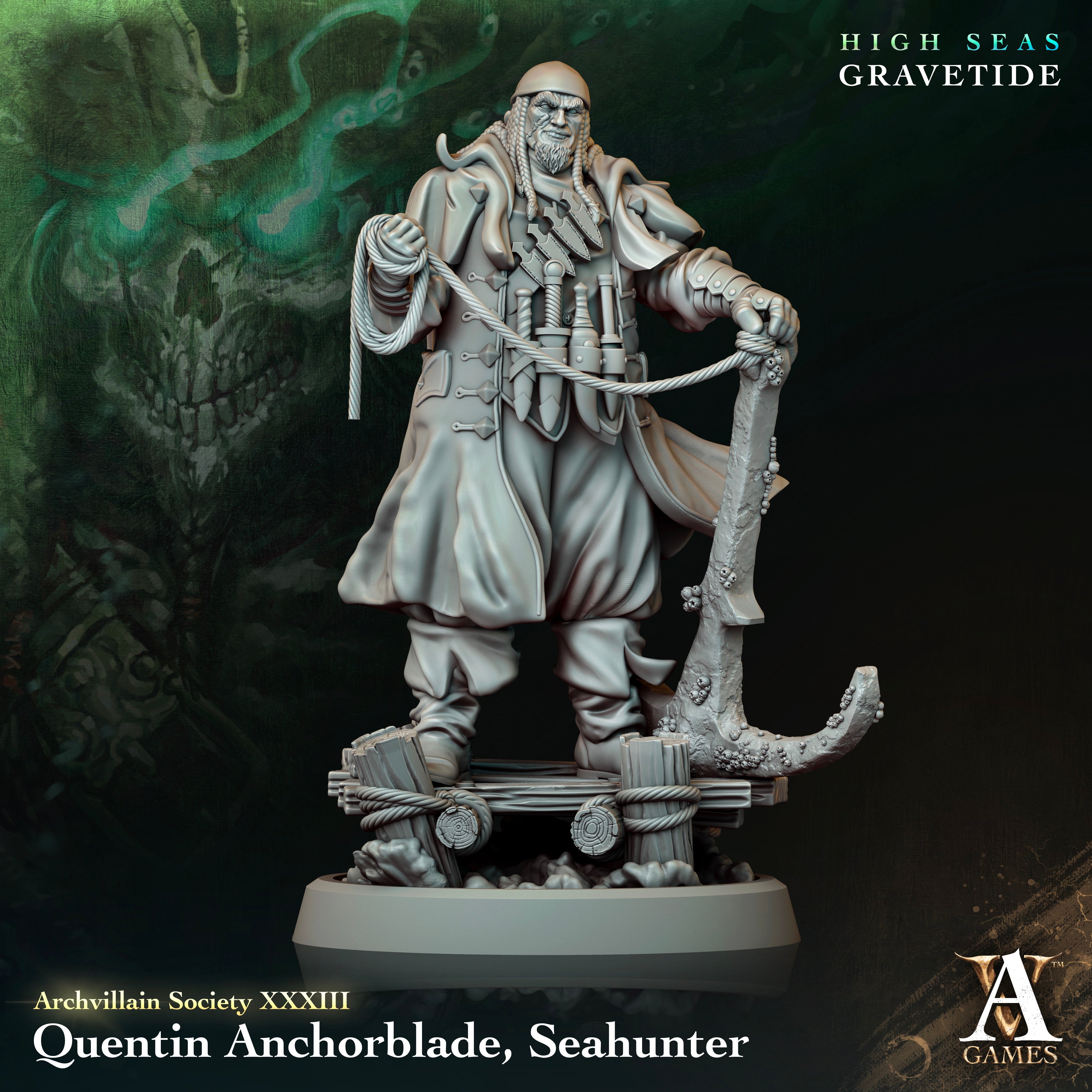 3D Printed Archvillain Games Quentin Anchorblade Seahunter Archvillain Society Vol XXXIII 28 32mm D&D (Online Only)