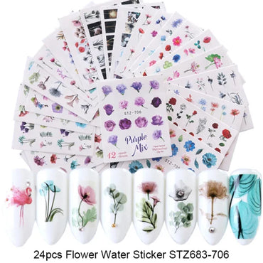 24 Spring Nail Water Stickers - Flowers, Leaves, Graffiti, Summer Bloom, 3D Manicure (Online Order Only)