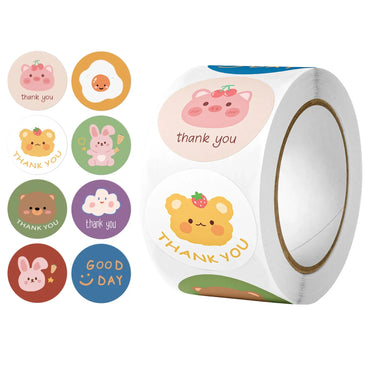 100-500Pcs Round Cartoon Animals Thank You Stickers Cute Bear Teachers Reward Handmade Sealing Stickers (Online Order Only)