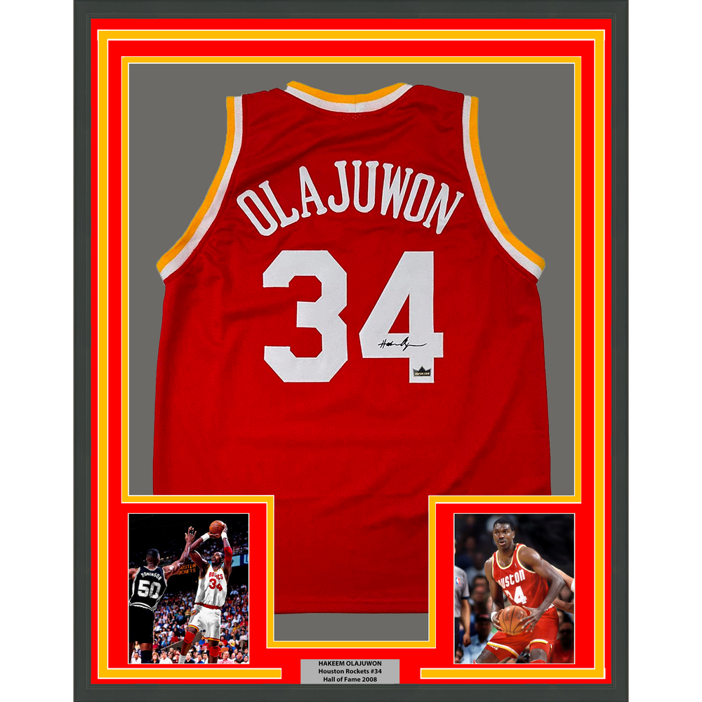 Framed Facsimile Autographed Hakeem Olajuwon 35x39 Houston Red Reprint Laser Auto Basketball Jersey (ONLINE ORDER ONLY)