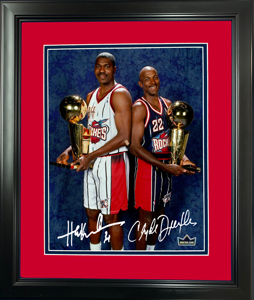 Framed Hakeem Olajuwon & Clyde Drexler Dual Facsimile Laser Engraved Signature Auto 11"x14" Basketball Photo HOFSM Holo (ONLINE ORDER ONLY)