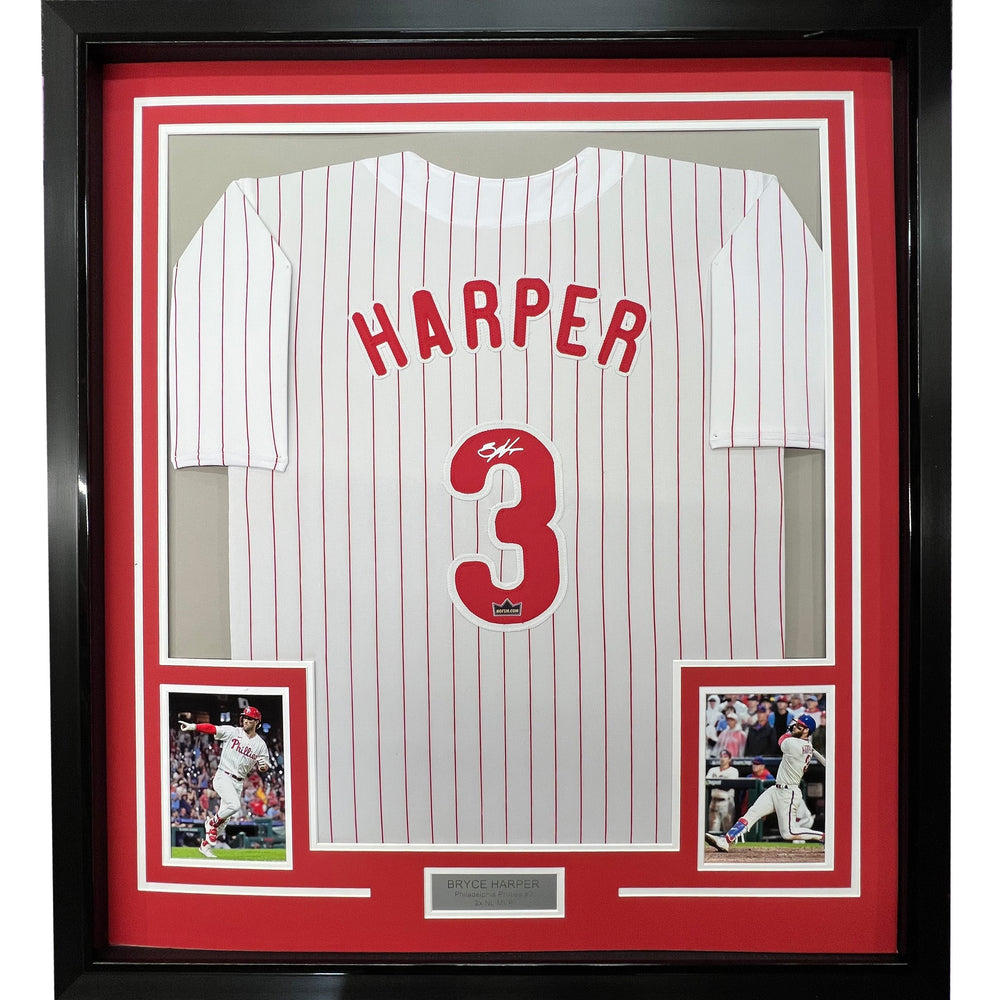 Framed Facsimile Autographed Bryce Harper 35x39 Philadelphia Pinstripe Reprint Laser Auto Baseball Jersey (ONLINE ORDER ONLY)