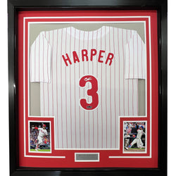 Framed Facsimile Autographed Bryce Harper 35x39 Philadelphia Pinstripe Reprint Laser Auto Baseball Jersey (ONLINE ORDER ONLY)