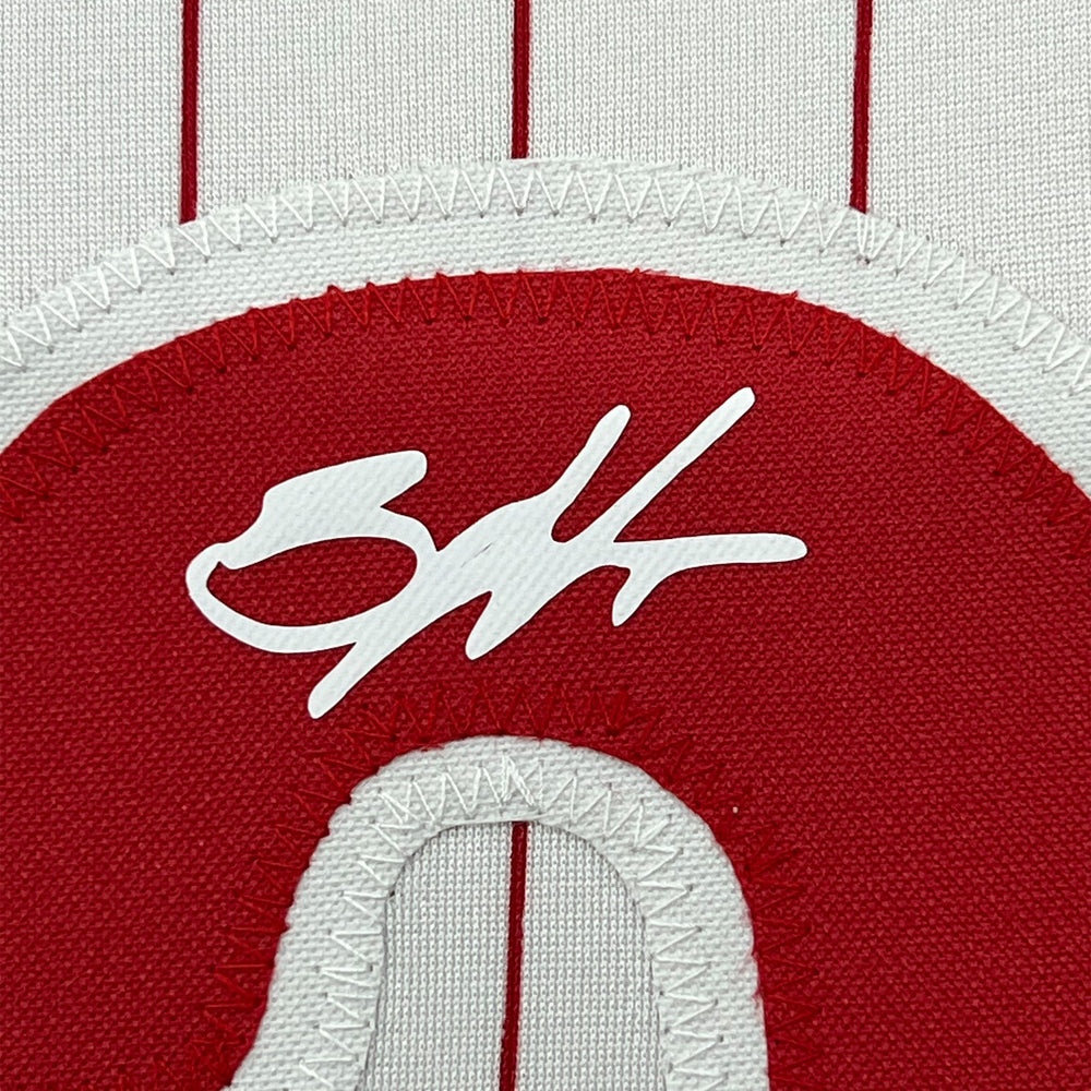 Framed Facsimile Autographed Bryce Harper 35x39 Philadelphia Pinstripe Reprint Laser Auto Baseball Jersey (ONLINE ORDER ONLY)