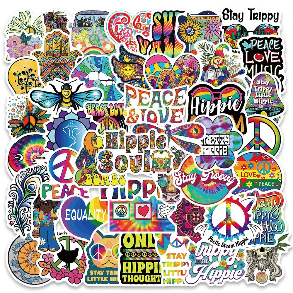 Retro Hippie Stickers Pack - Waterproof Decals for Motorcycle, Laptop, Luggage, Skateboard, DIY Toy (ONLINE ORDER ONLY)