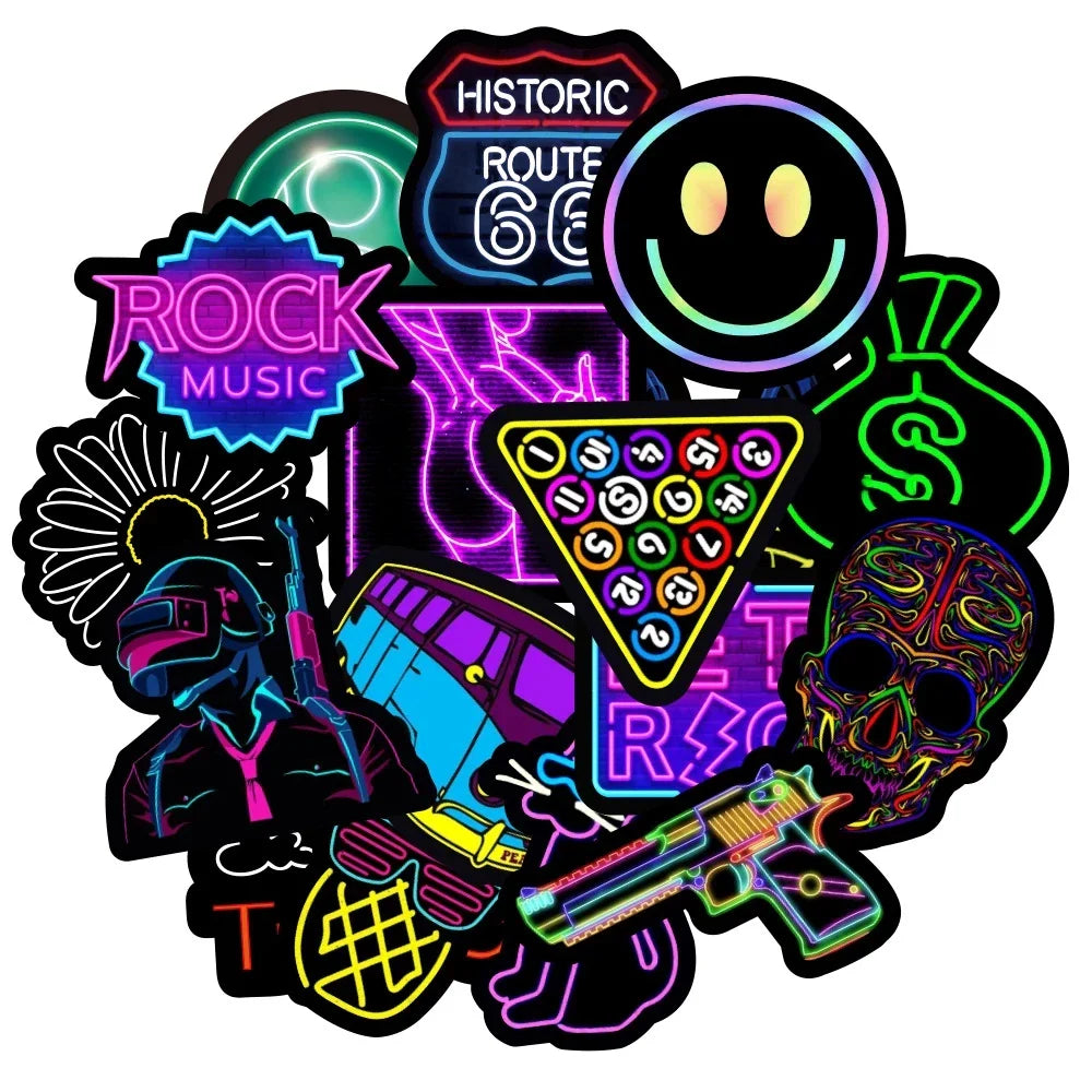 10/30/50/100PCS Cartoon Neon Light Graffiti Stickers Aesthetic Car Skateboard Laptop Phone Bike Cool Toy Decal Sticker for Kids (Online Order Only)
