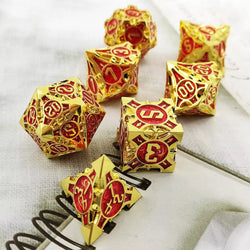 Gold w/red Barbed Strengthened Metal 7-Dice Set | Metal DND Dice (Online Only)