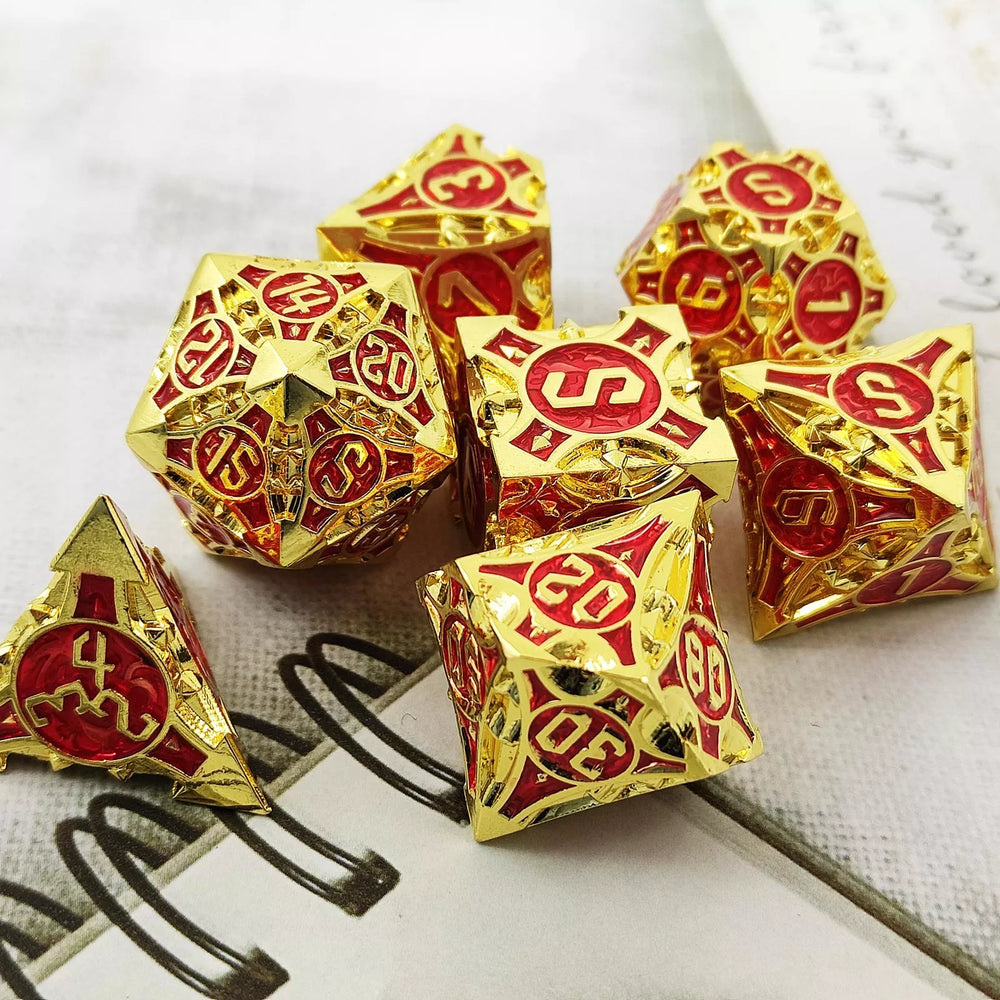 Gold w/red Barbed Strengthened Metal 7-Dice Set | Metal DND Dice (Online Only)