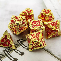 Gold w/red Barbed Strengthened Metal 7-Dice Set | Metal DND Dice (Online Only)