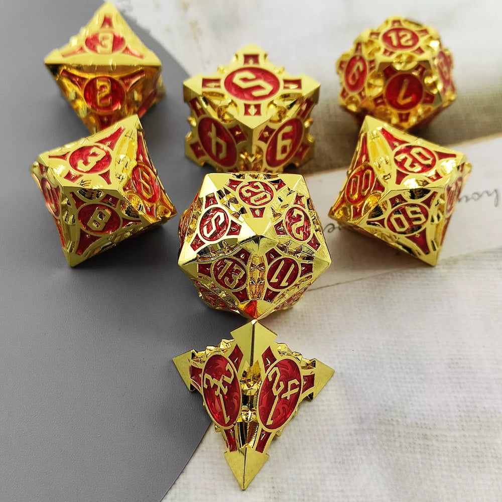 Gold w/red Barbed Strengthened Metal 7-Dice Set | Metal DND Dice (Online Only)