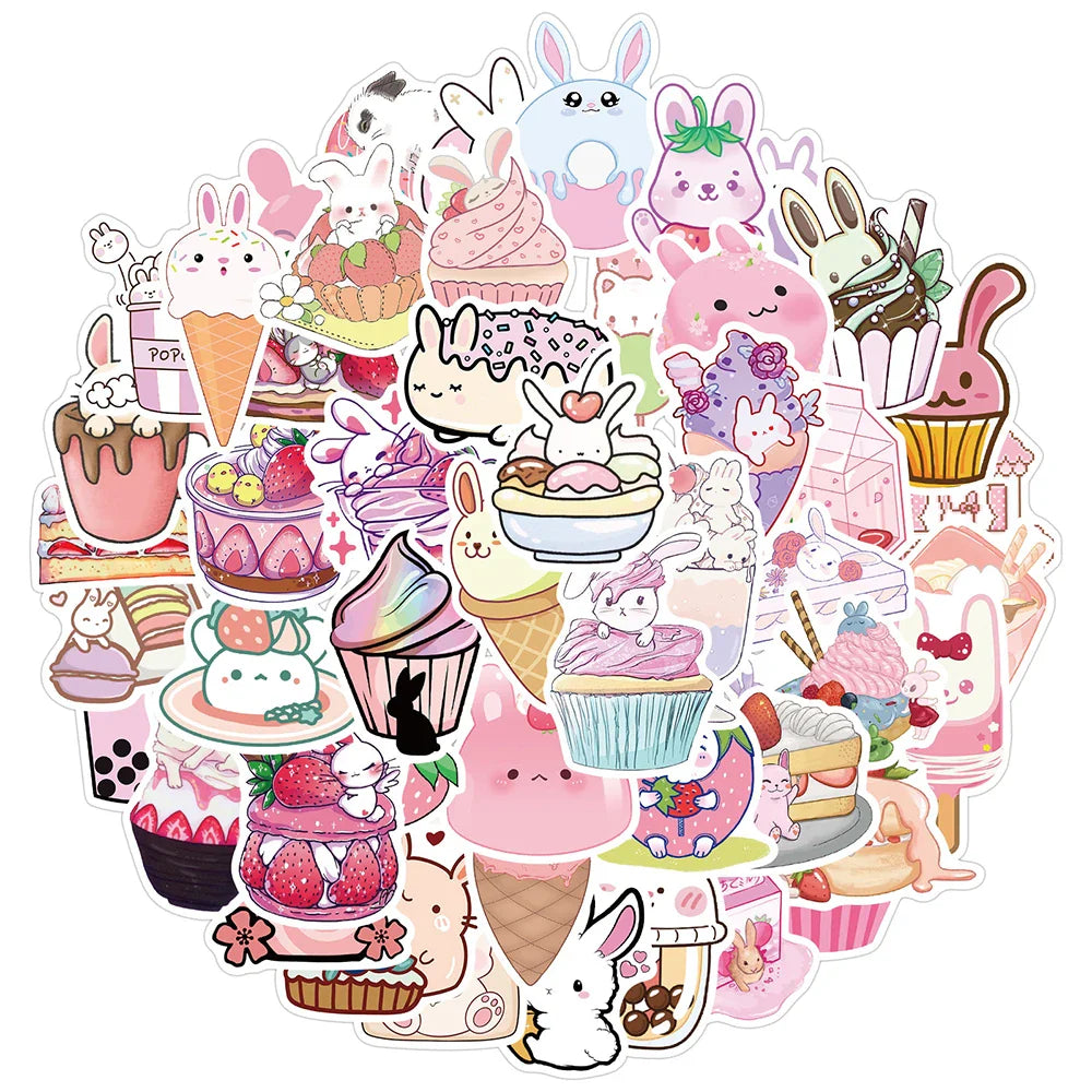 Cute Rabbit Dessert Stickers 10/30/50pcs Kawaii Pink Food Decals Waterproof for Phone Laptop Scrapbook Diary (ONLINE ORDER ONLY)