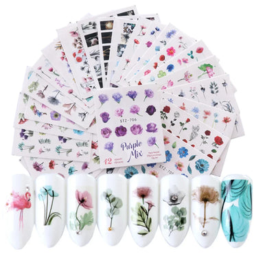 24 Spring Nail Water Stickers - Flowers, Leaves, Graffiti, Summer Bloom, 3D Manicure (Online Order Only)