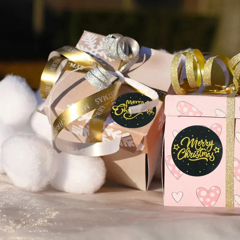 Merry Christmas Stickers 100-500pcs Round Golden Plated Stickers Gift Candy Box Homemade Cookies Bag Sealing Decoration Decals (Online Order Only)