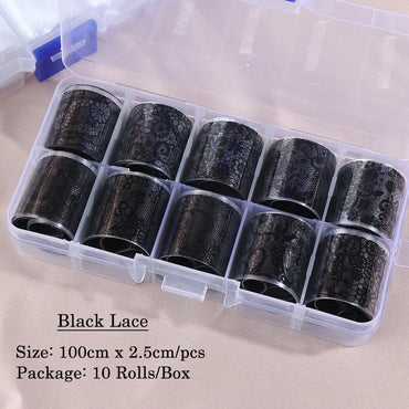 10 Rolls/Box White Black Lace Nail Art Foils Set Nail Transfer Sticker Paper DIY Manicure Nail Decoration Accessories (Online Order Only)