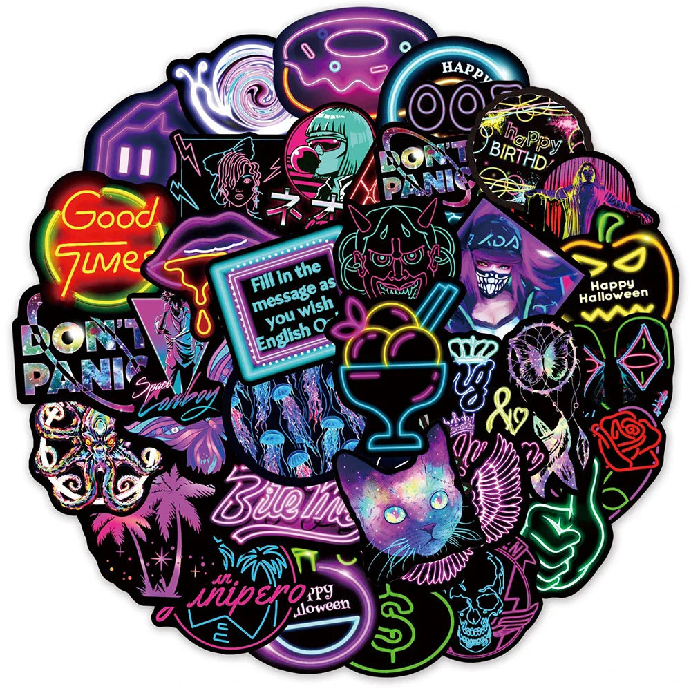 Neon Anime Graffiti Stickers Waterproof Decals for Laptop, Luggage, Guitar, Snowboard (Online Order Only)