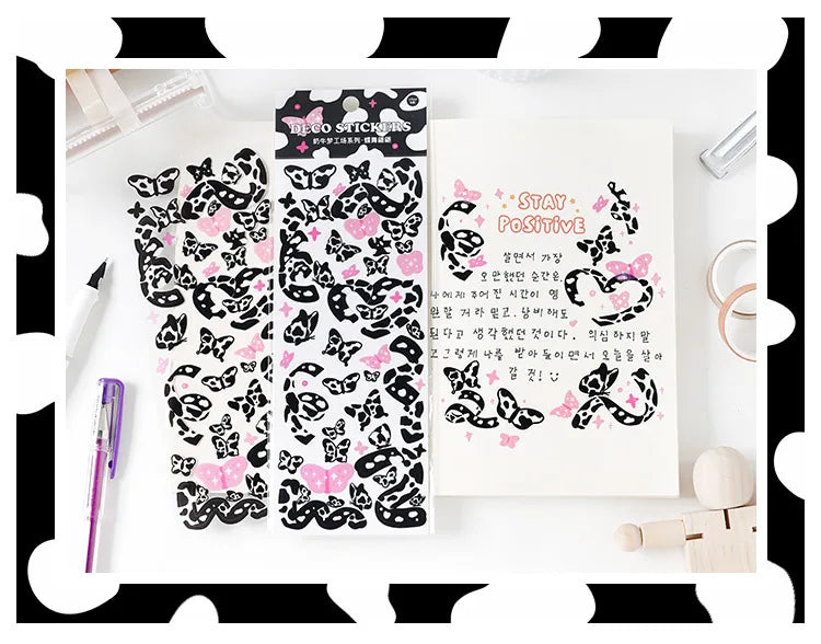Kawaii Black White Cow Ribbon Stickers DIY Craft Scrapbooking Stick Label  Album Journal Planner Stationery Sticker (ONLINE ORDER ONLY)