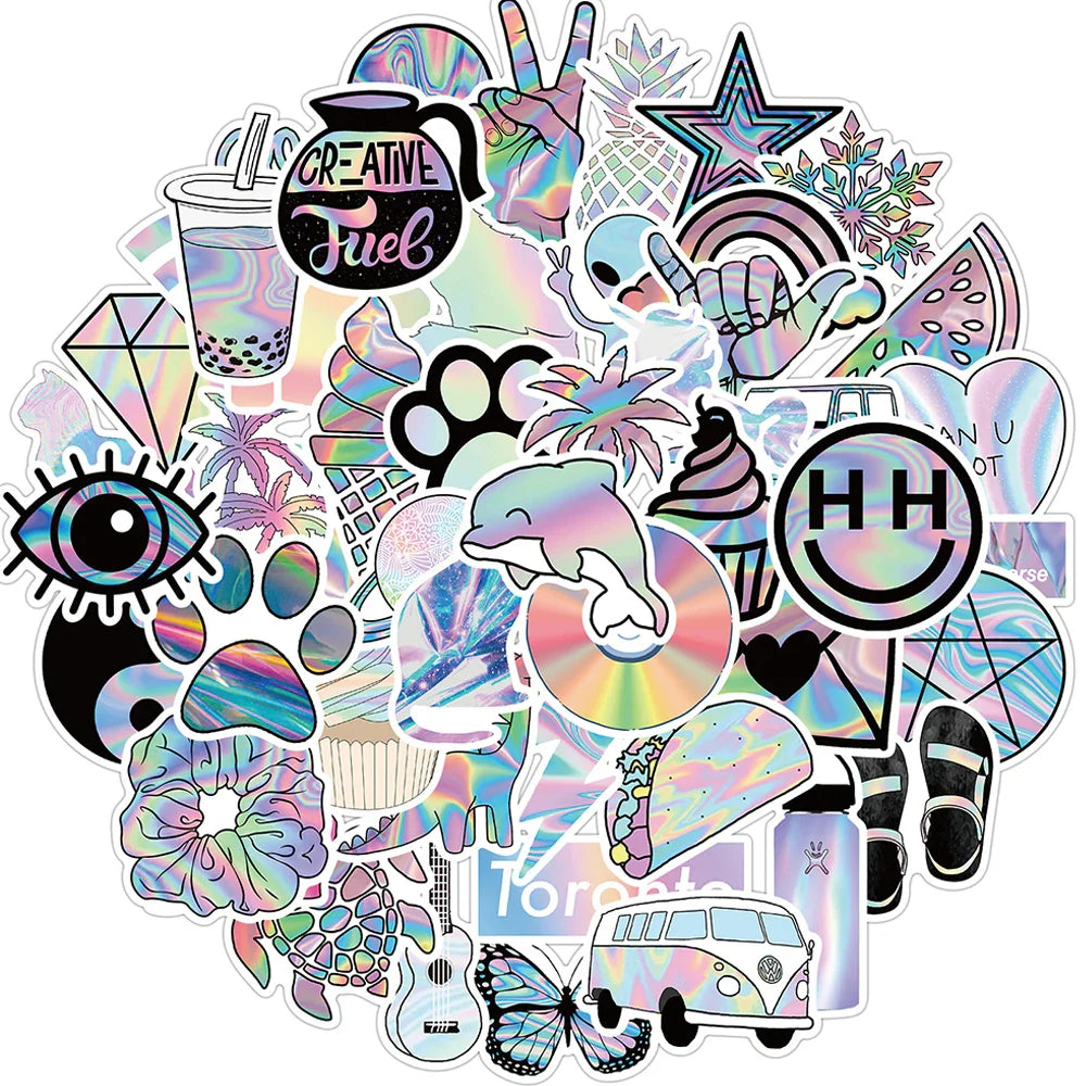 Mixed Holographic VSCO Cartoon Stickers for Luggage, Skateboard, DIY, Graffiti, Gradient Decals (ONLINE ORDER ONLY)