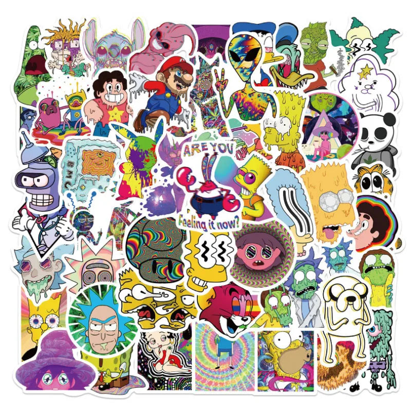 10/30/52Pcs  Psychedelic aesthetic mixed cartoon character  Skateboard Travel Suitcase Phone Laptop Luggage Stickers DIY Kids (ONLINE ORDER ONLY)