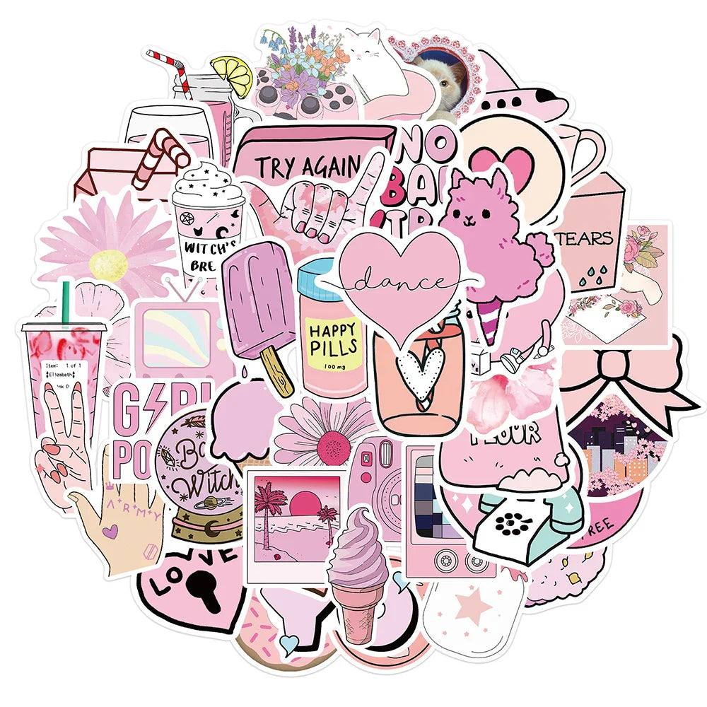 Pink Cartoon Aesthetic Stickers Pack - Waterproof for Car, Luggage, Guitar (Online Order Only)