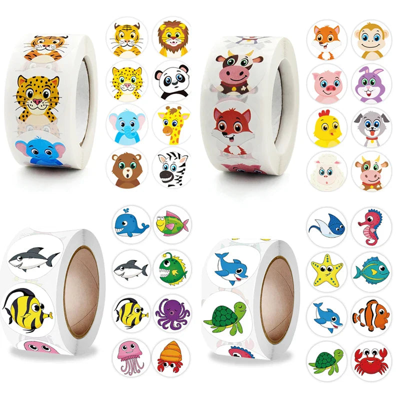 500/1000pcs Reward Stickers Children Kids Cartoon Zoo Farm Ocean Animals Learnging Euducation Scrapbook Sticker Roll Labels Gift (ONLINE ORDER ONLY)