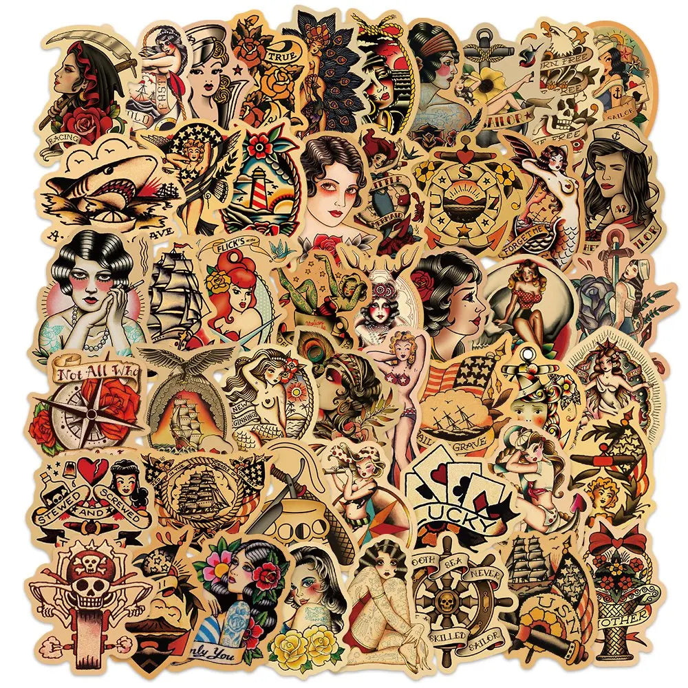 10/30/50pcs/pack Retro Old School Sailor Tattoo Sticker Packs (ONLINE ORDER ONLY)
