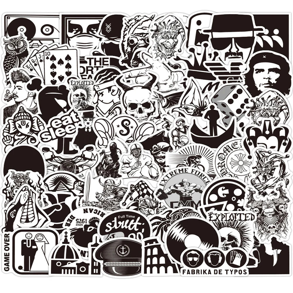 Black & White Cool Stickers: Laptop, Guitar, Luggage, Phone, Bike, Waterproof Decals (10/30/60PCS) (Online Order Only)