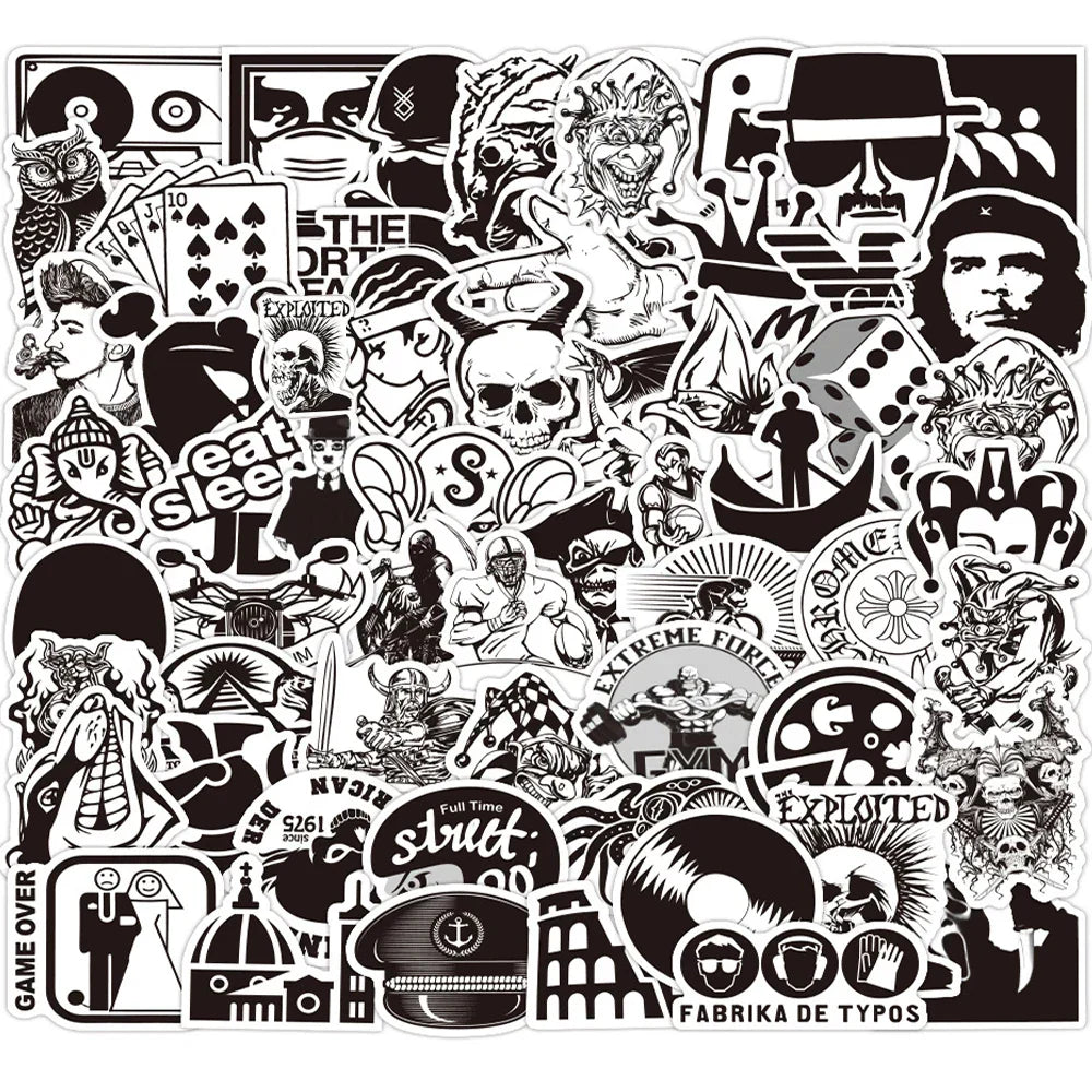 Black & White Cool Stickers: Laptop, Guitar, Luggage, Phone, Bike, Waterproof Decals (10/30/60PCS) (Online Order Only)