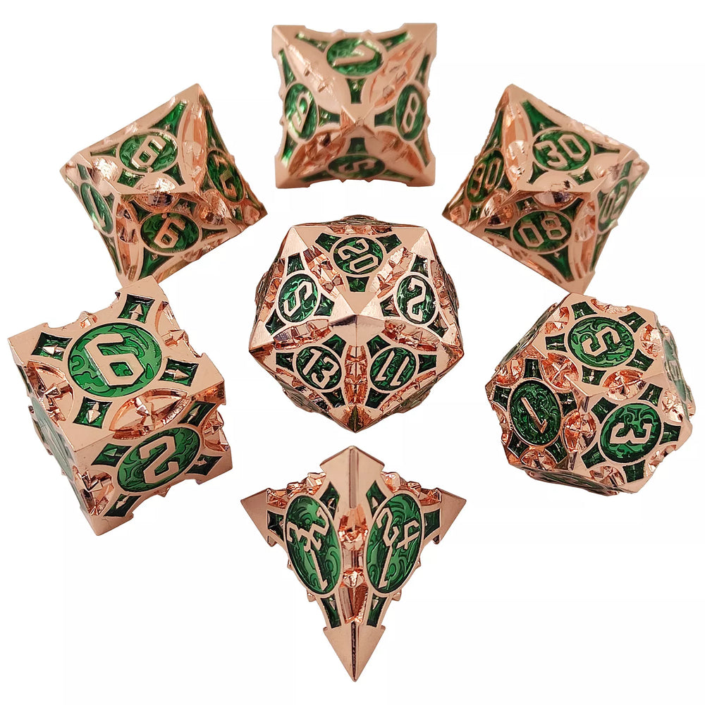 Rose Gold w/green Barbed Strengthened Metal 7-Dice Set | Metal DND Dice (Online Only)