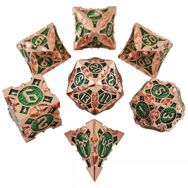 Rose Gold w/green Barbed Strengthened Metal 7-Dice Set | Metal DND Dice (Online Only)