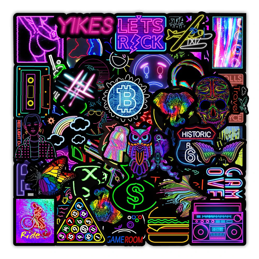 10/30/50/100PCS Cartoon Neon Light Graffiti Stickers Aesthetic Car Skateboard Laptop Phone Bike Cool Toy Decal Sticker for Kids (Online Order Only)