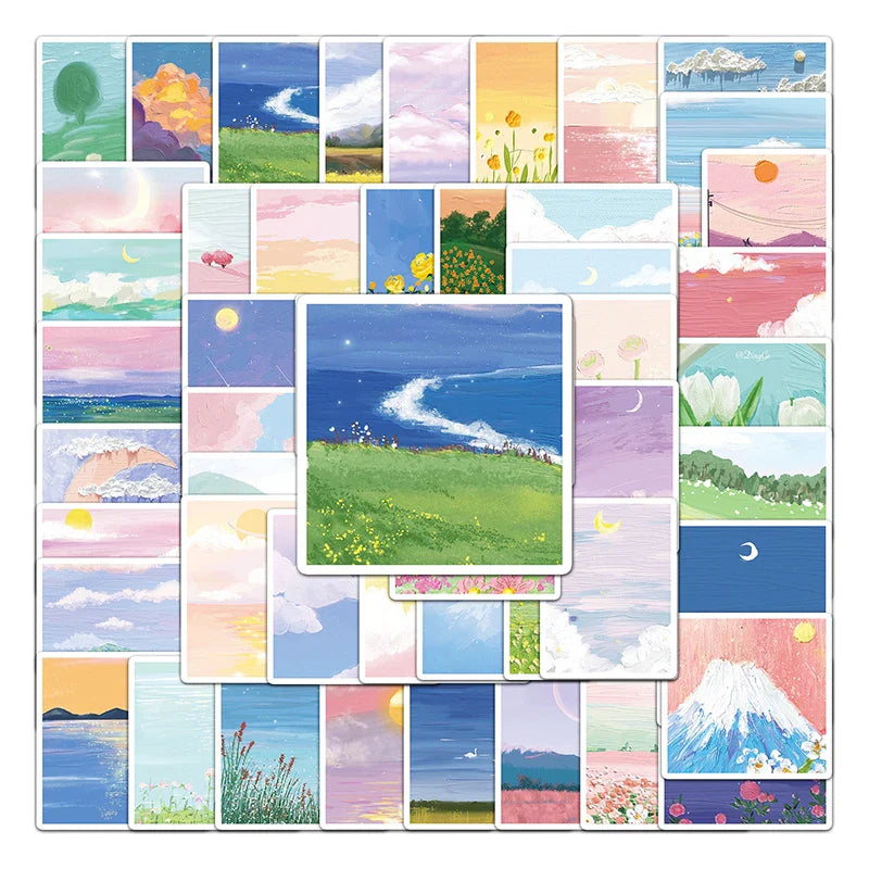 Cute Landscape Graffiti Stickers for Phone Laptop Luggage Guitar - Waterproof Cartoon Decals (10/30/50PCS) (ONLINE ORDER ONLY)